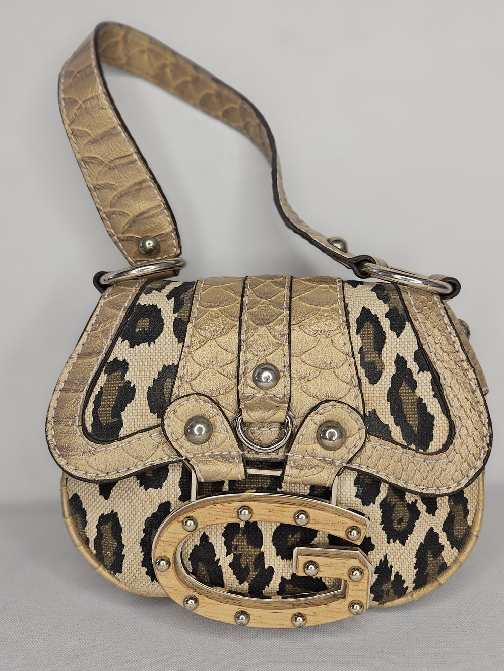 Y2K Guess Gold Black G Logo Leopard-Print Mini Shoulder Bag